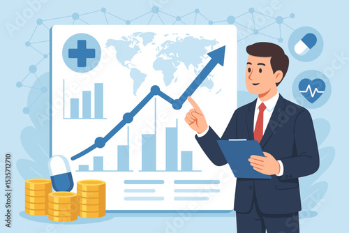 Global healthcare business growth. Businessman points to a rising chart showing medical industry success, financial profit, and pharmaceutical investment analysis report concept.