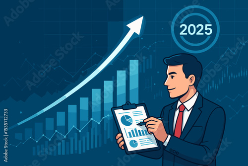 Business forecast for 2025. Businessman analyzing financial report with charts. Concept of company growth strategy, investment success, stock market trend and economic planning.