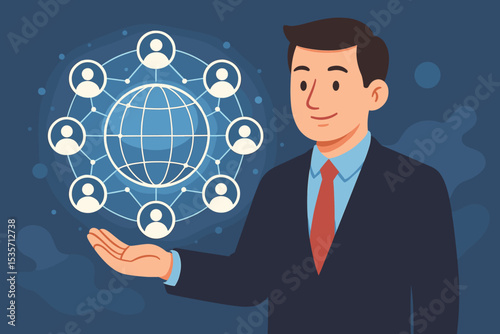 Businessman holding a glowing global customer network. Concept for international business, social media connection, worldwide communication, and community. CRM vector illustration.