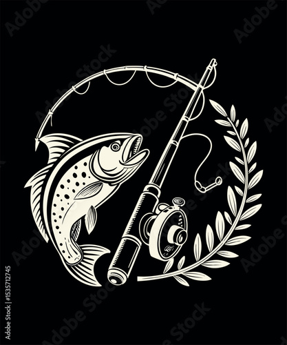 Black and white vector fish and fishing rod illustration for a sea life tattoo design