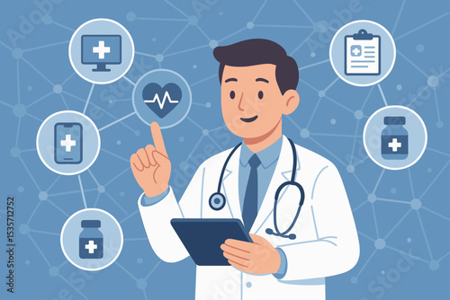 Telemedicine and digital health concept. Doctor character with a tablet and stethoscope. Medical technology, online consultation, and e-health innovation with a network of icons.