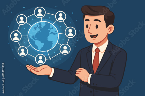 Businessman presents a global customer network. Concept of international business, CRM, community management, and digital communication. Social media marketing and worldwide connection.