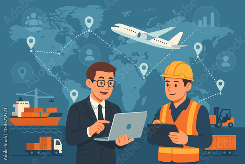 Global logistics and supply chain management concept. Manager and worker coordinating freight transport and delivery. Vector illustration of a worldwide shipping network with a world map.