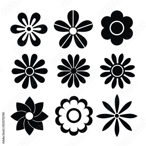 Nine Black and White Flower Icons Set Isolated on White Background Simple Floral Designs Vector Graphics for Web Design and Print Projects