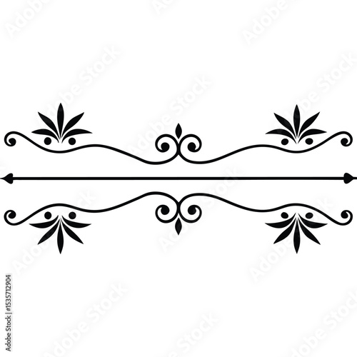 Two Black Decorative Divider Lines Set Featuring Floral and Swirl Elements on White Background Elegant Classic Style Design for Text Separation or Page Decoration
