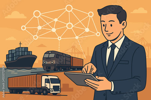 Businessman managing smart supply chain with a tablet. Intelligent logistics network with cargo ship, train, and truck. Global freight transportation, distribution, and import export.