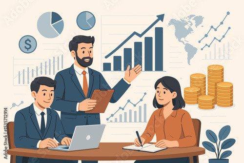 Business people in a meeting analyzing financial data for global growth. Manager presenting a report with charts. Concept of investment strategy, profit, and teamwork success.
