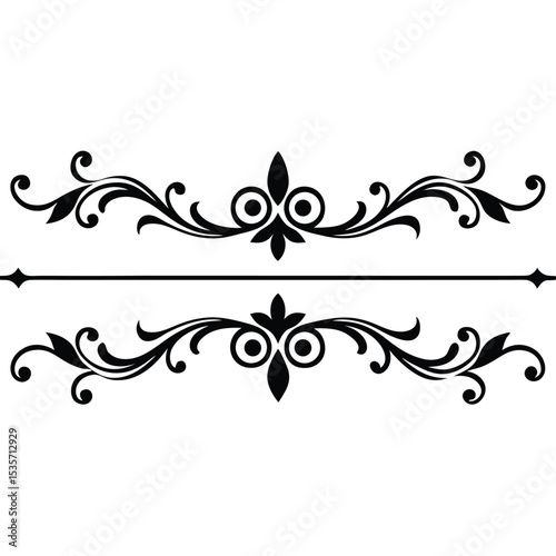 Two Black Decorative Divider Lines Set Featuring Ornate Floral Swirls and Central Flourishes Elegant Vintage Style Design Elements for Text Separation or Page Decoration