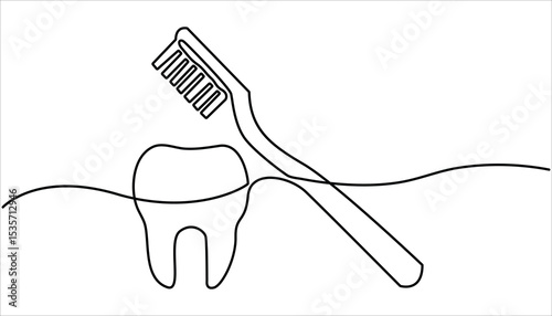 Continuous one line drawing of brushing teeth with toothbrush. Dental care concept. Oral hygiene. Vector illustration flat design.