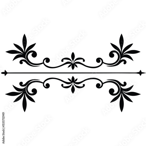 Two Black Decorative Divider Lines Set Featuring Ornate Floral Swirls and Leaf Motifs Elegant Symmetrical Design Elements for Text Separation Page Decoration or Graphic Design Projects