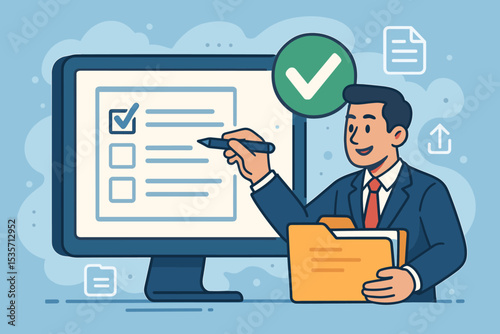 Businessman completing online checklist for project approval. Man checks task on computer screen with green tick icon. Concept of document management, validation, and business success.