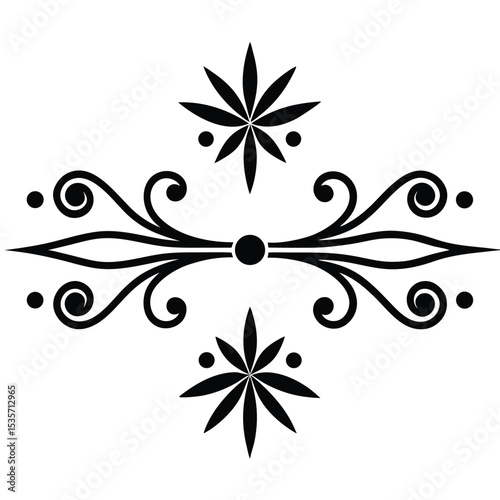 Two Black Decorative Divider Lines Set Featuring Ornate Swirls and Eight Pointed Star Motifs on White Background Elegant Black and White Graphic Design Elements for Invitations Cards and Web Design