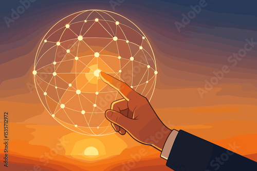 Global network connection concept. Businessman hand touching a glowing node on a digital sphere. Worldwide business, future technology, big data, AI, metaverse, and innovation.