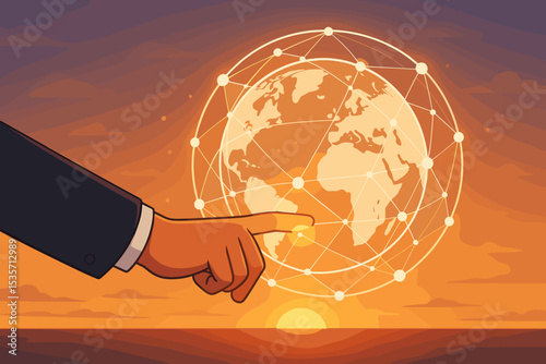 Concept of global business connection and international network. Businessman hand pointing at world globe. Worldwide communication, technology, and corporate strategy metaphor.