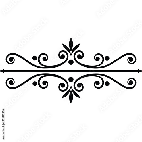 Two Black Decorative Divider Lines Set Featuring Symmetrical Flourishes Swirls Dots and Leaf Motifs Elegant Ornate Design Element for Text Separation Page Decoration or Graphic Design Projects