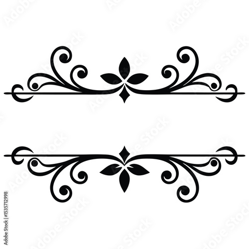 Two Black Decorative Divider Lines Set Floral Swirls Elegant Flourishes Vintage Style Ornamental Elements Graphic Design Elements for Text Separation Page Decoration