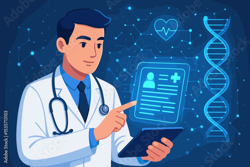 Doctor with tablet and digital patient record. Futuristic medical technology with DNA and heartbeat icon. E-health, telemedicine, healthcare innovation, and scientific research.