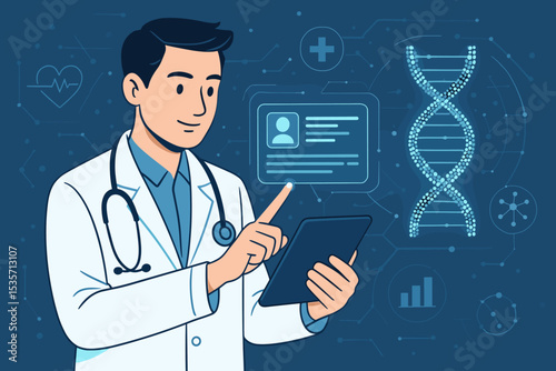 Doctor with tablet works with electronic patient record. Futuristic medical technology concept with DNA helix. Digital health, telemedicine, science and healthcare innovation.