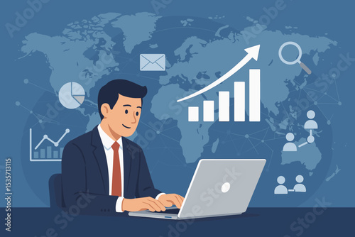 Businessman analyzing data on laptop for global business strategy. Digital marketing concept with analytics, graphs, and world map. Corporate performance, SEO, and financial growth.
