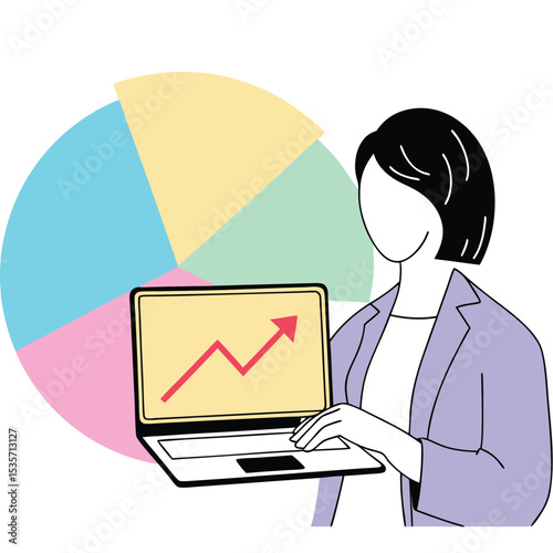 Faceless woman presents laptop showing growth arrow before a segmented pie chart