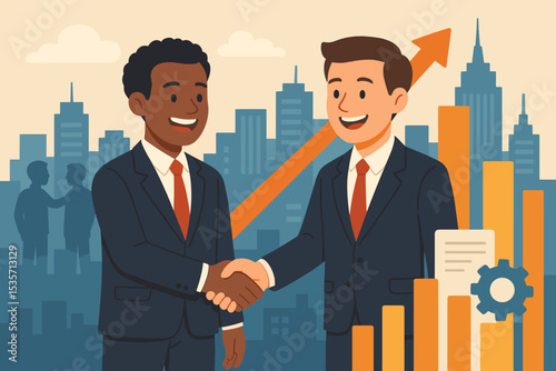 Business handshake between diverse businessmen. Concept of successful partnership, agreement, and collaboration. Vector illustration of teamwork, growth with arrow and financial chart.