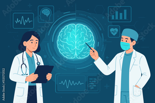 Doctors neurologist team consultation. Medical professionals analyzing brain scan. Healthcare, neurology, neuroscience concept. Scientists discussing patient diagnosis and brain research.