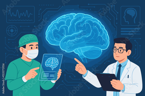 Doctors neurologists analyzing brain scan on futuristic tablet. Medical team consultation. Neurology, neuroscience concept. Future of medicine, AI diagnosis. Healthcare technology.