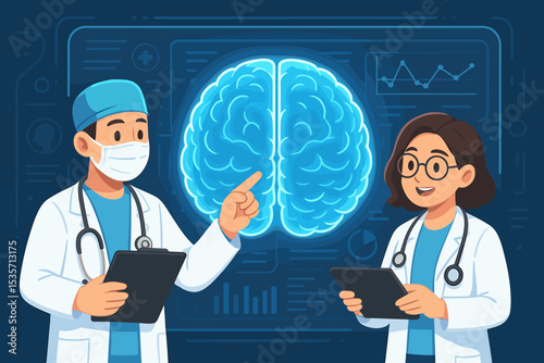 Medical team of doctors analyzing brain scan. Neurologists collaborating on diagnosis with futuristic digital technology. Neuroscience, neurology, and healthcare innovation concept.
