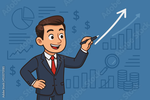 Businessman drawing growth arrow on chart. Financial success and business strategy concept. Manager analyzing data for investment profit. Upward trend graph. Cartoon vector illustration.