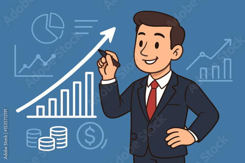 Businessman planning business growth strategy. Manager drawing ascending arrow on chart. Financial success, profit and investment concept. Marketing data analysis presentation.