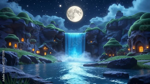 Three-Dimensional Animation of a Beautiful Waterfall Under the Moonlight in a Fantasy Landscape