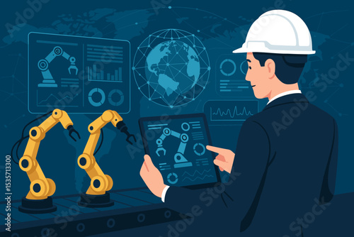 Engineer controlling robotic arm on conveyor belt with tablet. Smart factory, Industry 4.0 concept. Automation technology for manufacturing production. Vector illustration background.