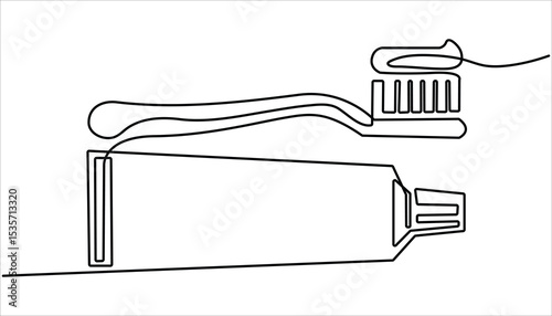 Continuous one line drawing of brush with toothpaste. Single line drawing illustration of Tooth paste with brush. Branding oral care products concept vector art.