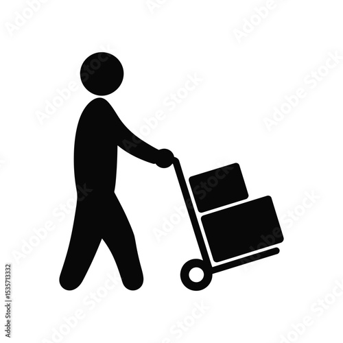 Moving Dolly Icon: Person Pushing Hand Truck with Boxes, Black Silhouette