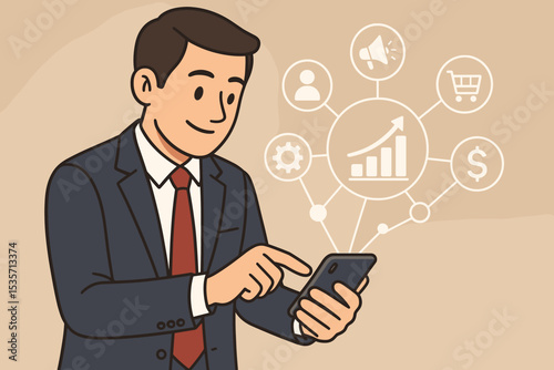 Businessman using smartphone for digital business management and growth. Mobile app with icons for marketing, finance, e-commerce, and data analytics. Corporate strategy and technology.