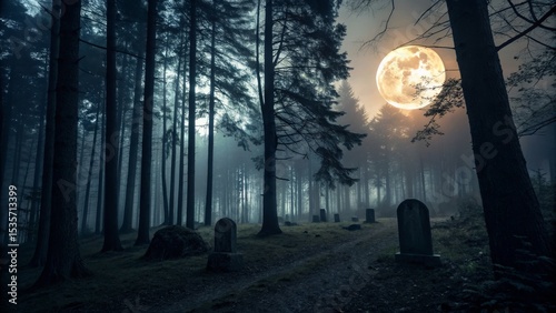 Moonlit Forest Cemetery Dar...
