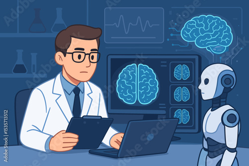 Artificial intelligence in medicine concept. Doctor and robot analyzing brain scan. Futuristic neurology diagnostics and research. AI in healthcare technology for neuroscience study.
