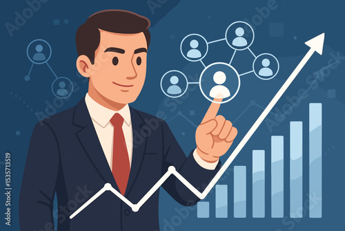 Businessman pointing at a people network, symbolizing growth and team management. Human resources, HR, and CRM strategy concept. Financial success chart with rising arrow. Leadership.