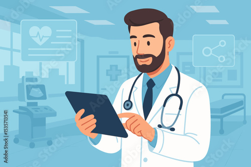 Male doctor using digital tablet in a hospital. Concept for e-health, telemedicine, and modern medical technology. Physician checking patient electronic health records and data.
