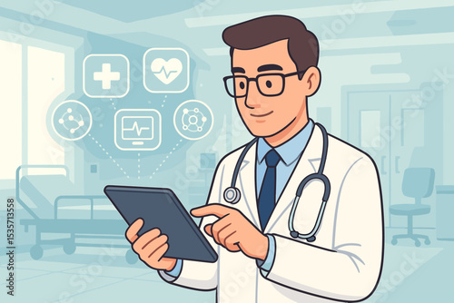 Doctor using tablet for telemedicine and e-health. Modern healthcare technology concept. Online medical consultation, electronic health records, and patient data management in a hospital.