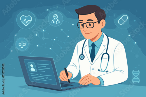 Digital healthcare innovation concept. Doctor using laptop for online consultation and managing electronic health records (EHR). Telemedicine technology with medical icons background.