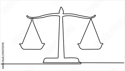 
justice scale or law balance continuous one line drawing. One line drawing illustration of scale of justice. Balance, equality concept single line. Court legal scale in continuous one drawing.