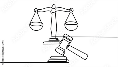 
justice scale or law balance continuous one line drawing. One line drawing illustration of scale of justice. Balance, equality concept single line. Court legal scale in continuous one drawing.