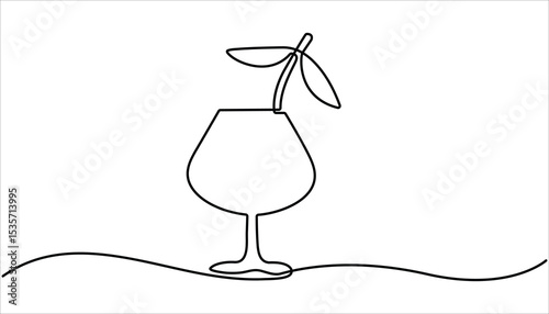 Cocktail with lemon continuous one line drawing illustration. Hand drawn doodle vector drawing of cocktail on white background