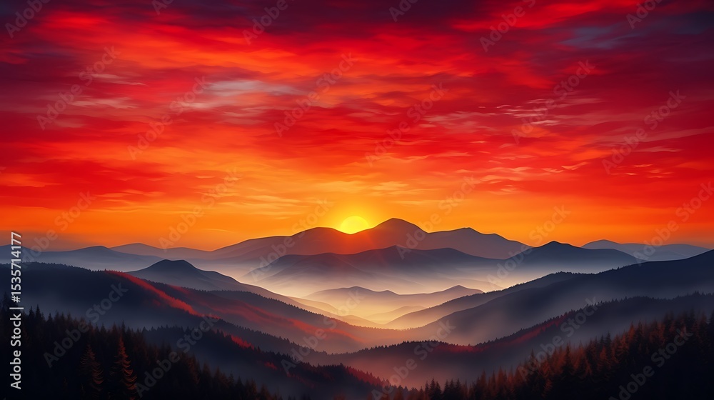 Fototapeta premium A high-contrast sunrise with bold orange and red hues over the Carpathian ranges, crisp mountain silhouettes in dark navy, and a glowing sun just above the horizon, painting the sky with warm tones.