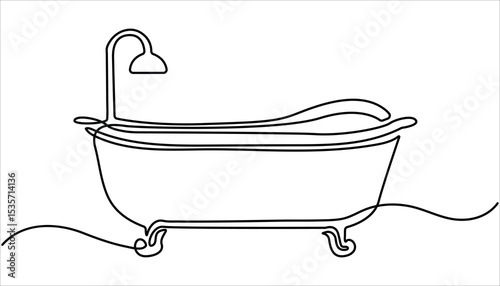 Bathtub continuous one line drawing illustration. Hand Drawn Symbol Vector Illustration, bathtub with shower continuous one line drawing.  Simple bath in single line draw illustration.