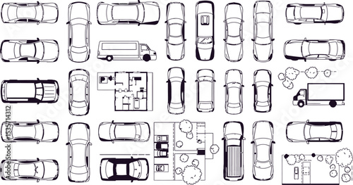 Overhead View of Urban Planning Elements Cars Trucks Buildings and Green Spaces Showcasing Architectural Designs and City Layout