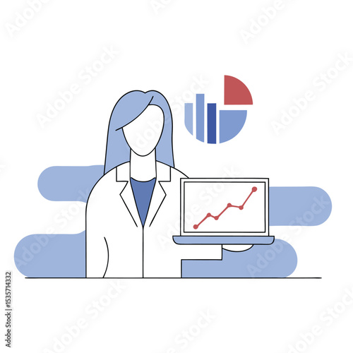 Woman in lab coat shows rising graph on laptop with chart graphics