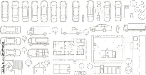 Architectural Plan of a Town Layout with Cars, Trees, Buildings, and Street Details Shown in Gray Line Drawings