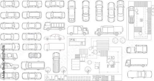 Overhead Schematic Featuring a Variety of Cars, Trucks, and Site Plans for Urban Planning and Design